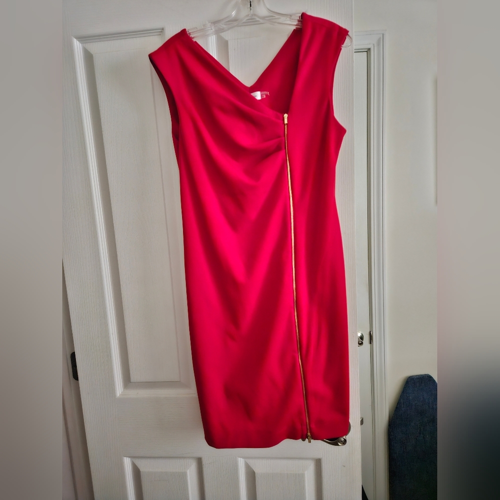 Calvin Klein cherry Red Sleeveless Sheath Dress with Gold Zipper